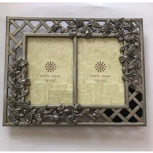 Vintage Brushed Metal Dual Picture Frame Double 2.5x3.5 Ivy Roses Trellis Ornate